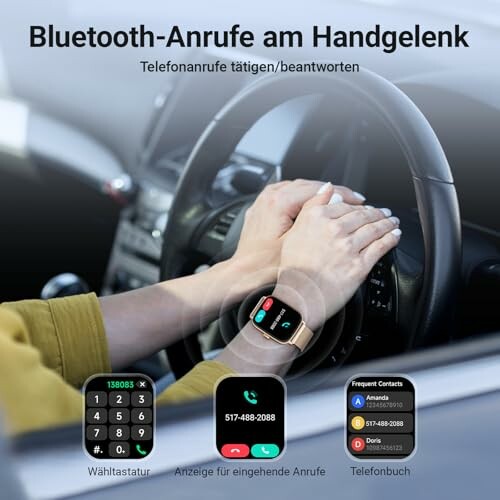 Frau nutzt Smartwatch für Anrufe während der Fahrt.
