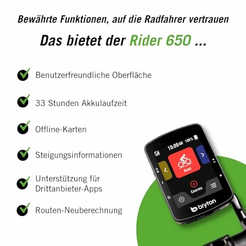 Bryton Rider 650 GPS mit Funktionen auf Deutsch.