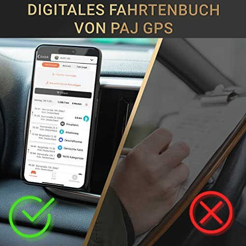 Vergleich zwischen digitalem Fahrtenbuch auf Handy und Papierklemmbrett.