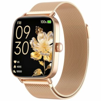 Goldene Smartwatch mit Blumenanzeige und Metallarmband.