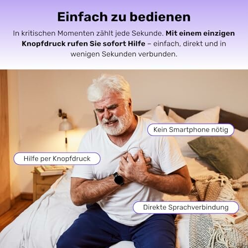 Älterer Mann mit Brustschmerzen, Knopfdruckhilfe angeboten.