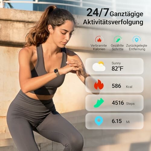 Frau beim Sport mit Smartwatch und Fitnessdatenanzeige.
