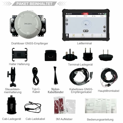 GNSS-Empfänger-Kit mit Zubehör und Bedienungsanleitung.