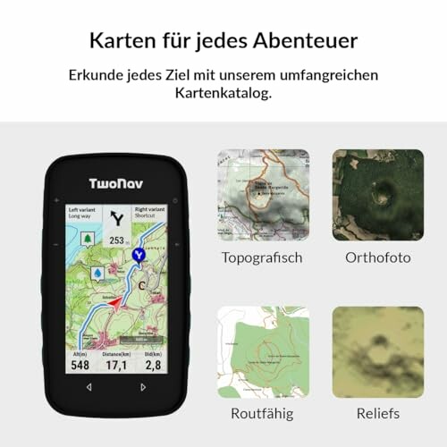 GPS-Gerät mit verschiedenen Kartentypen angezeigt.