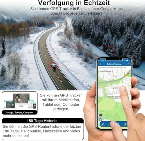 GPS-Tracker-Verfolgung in Echtzeit auf einer verschneiten Straße.