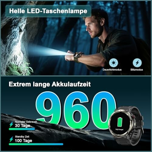 Mann mit LED-Taschenlampe und Smartwatch im Wald, lange Akkulaufzeit hervorgehoben.