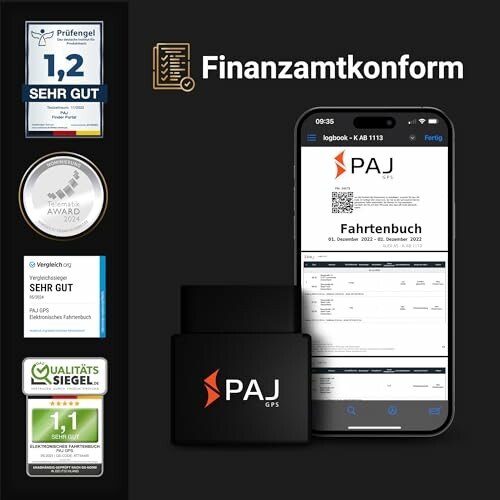 PAJ GPS Fahrtenbuch-App auf Smartphone mit Finanzamtkonform Zertifikaten