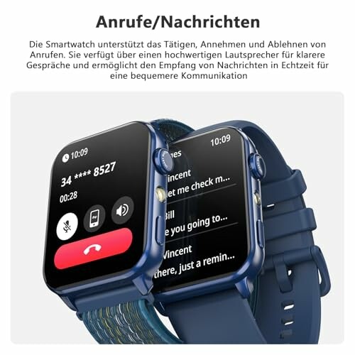 Zwei Smartwatches zeigen Anruf- und Nachrichtenbildschirme.
