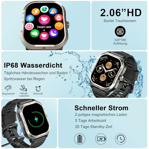 Smartwatch mit HD-Touchscreen, wasserdicht und schnelles Laden.