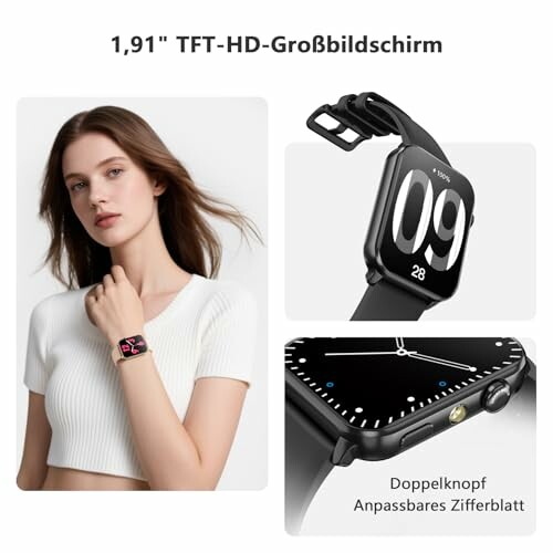 Frau trägt Smartwatch mit großem Display.